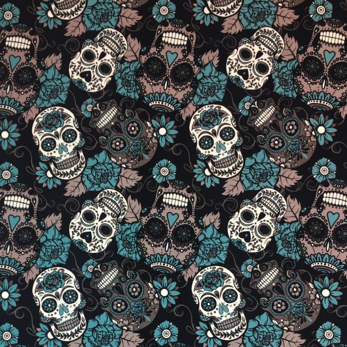 Jersey Cotton Fabric Skulls Petrol
