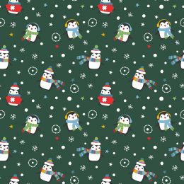 Christmas Jersey Fabric | Festive Penguin Dark Green