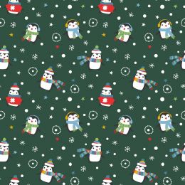Christmas Jersey Fabric | Festive Penguin Dark Green