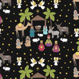 Away In A Manger Lewis & Irene Fabric | Nativity Scene Black Gold Metallic