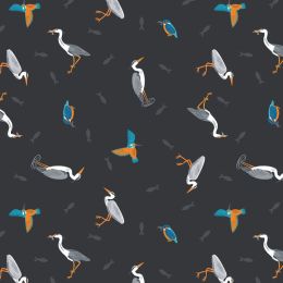 Small Things Rivers & Creeks Fabric | Herons & Kingfisher Dark