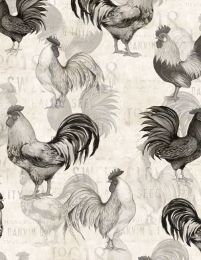 Proud Rooster Fabric | Roosters All Over Ivory/Black