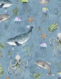 Paradise Bay Fabric | Whales All Over Blue