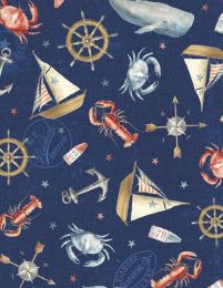 At The Helm Fabric | Nautical Icons Blue