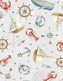 At The Helm Fabric | Nautical Icons Grey