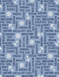 At The Helm Fabric | Word Toss Light Blue