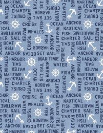 At The Helm Fabric | Word Toss Light Blue