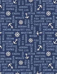 At The Helm Fabric | Word Toss Dark Blue