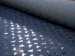 Sparkling Chambray Fabric | Gold Metallic Swallow on Dark Blue