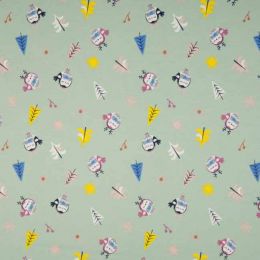Jersey Cotton Fabric | Snowflake Funky Bird Dusty Green
