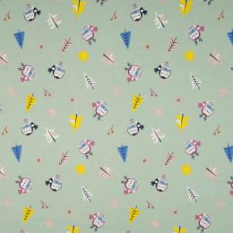 Jersey Cotton Fabric | Snowflake Funky Bird Dusty Green