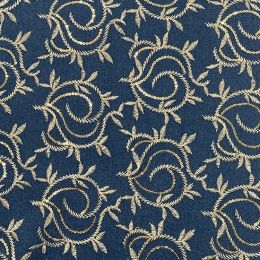 Embroidered Denim Fabric | Metallic Floral Dark Blue