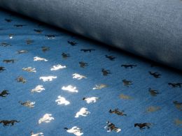 Sparkling Chambray Fabric | Gold Metallic Stallion on Light Blue