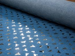 Sparkling Chambray Fabric | Gold Metallic Swallow on Light Blue
